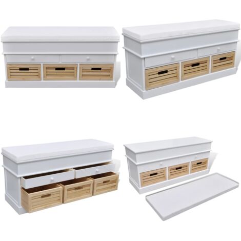 Cassapanca per Ingresso Bianca con Cuscino 2 Cassetti 3 Cestini - Cassapanca con cuscino - Cassapanca con cassetti