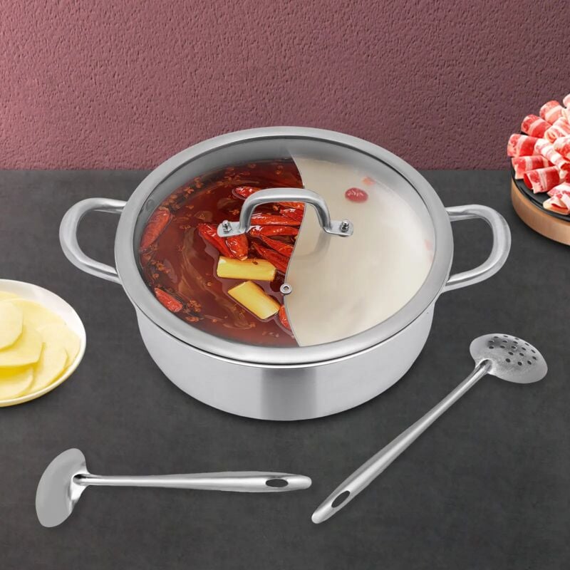 Casserole à fondue chinoise en acier inoxydable 304 de 32 cm avec couvercle en verre et 2 cuillères Convient pour plaques à induction, cuisinières à