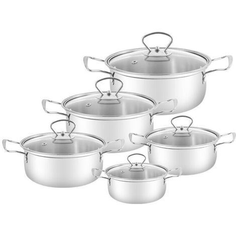 Casserole - Acier Inoxydable - Fond Capsule Aluminium - Compatible Plaque Électrique Gaz Vitrocéramique - Lot de 10 Pièces avec Couvercles en Verre