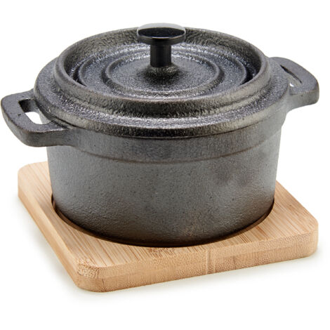 Casserole en fer sur support en bambou SLATE, 13 x 10 x 8 cm