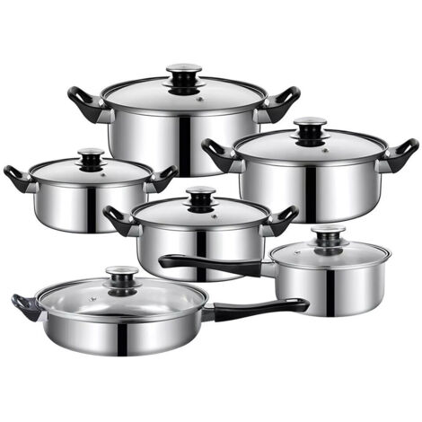 Casserole - Set De Casseroles En Acier Inoxydable 12 Pièces - Pour Plaque À Induction Gaz Vitrocéramique - 6 Casseroles + 6 Couvercles