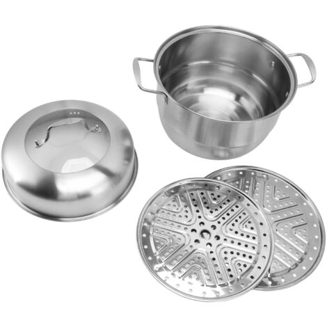Casserole Vapeur Inox 2 Niveaux avec Poignées et Couvercle en Verre Trempé