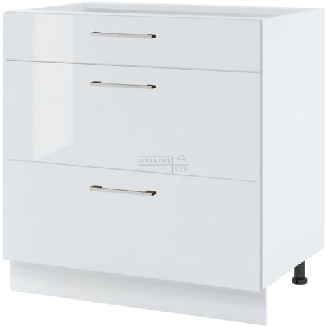Casserolier Bellissi Blanc Brillant L 80 cm -  Porte avec poignée apparente Coulisses tiroir avec amortisseur White