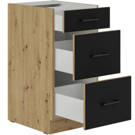 Casserolier de cuisine 3 tiroirs – Dimensions 40 x 52 x 82 cm – Finition chêne artisan et noir mat – Idéal pour rangement efficace