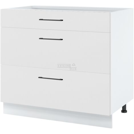 Casserolier Lovia Blanc Mat L 90 cm -  Porte avec poignée apparente Coulisses tiroir avec amortisseur White