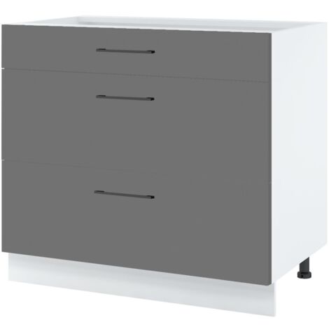 Casserolier Lovia Gris Mat L 90 cm -  Porte avec poignée apparente Coulisses tiroir avec amortisseur Grey