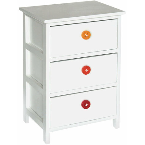 Cassetiera con 3 Cassetti in Legno Paulownia Bianco con Bottoni Colorati Fadi