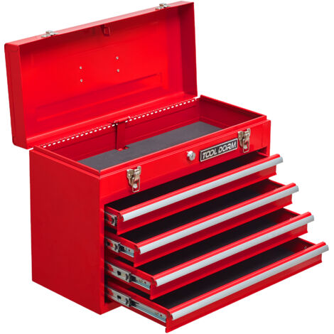 Cassetta Attrezzi Metallica 4 Cassetti 35.5x22.4x51.5 cm, con Chiusura a Scatto, Rivestimento Protettivo, Rossa, per Garage