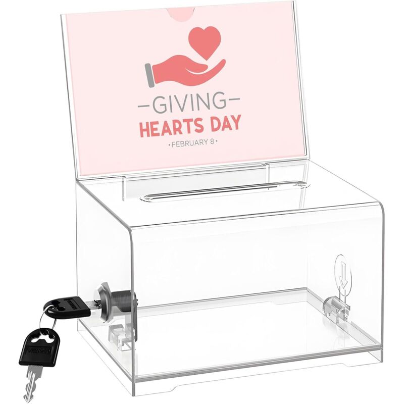 Cassetta per donazioni in acrilico con serratura e supporto per scudo, trasparente, chiudibile a chiave, urna elettorale, cassetta per suggerimenti