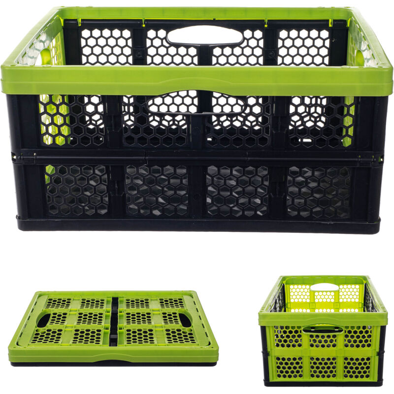 Image of Kadax - Cassetta pieghevole in plastica 47 x 34 x 21,5 cm - con manici - Cestino pieghevole - Cestino portaoggetti per ufficio (Nero/Verde)