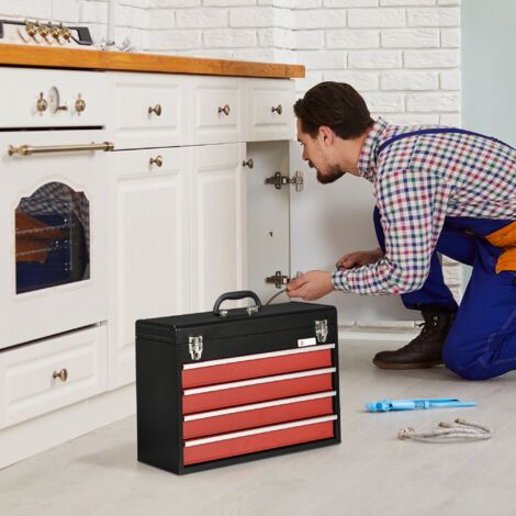 Cassetta Porta Attrezzi in Acciaio, Valigetta Attrezzi Vuota con 4 Cassetti e Vassoio Superiore a Doppia Serratura, 51x22x39.5 cm, Rosso e Nero