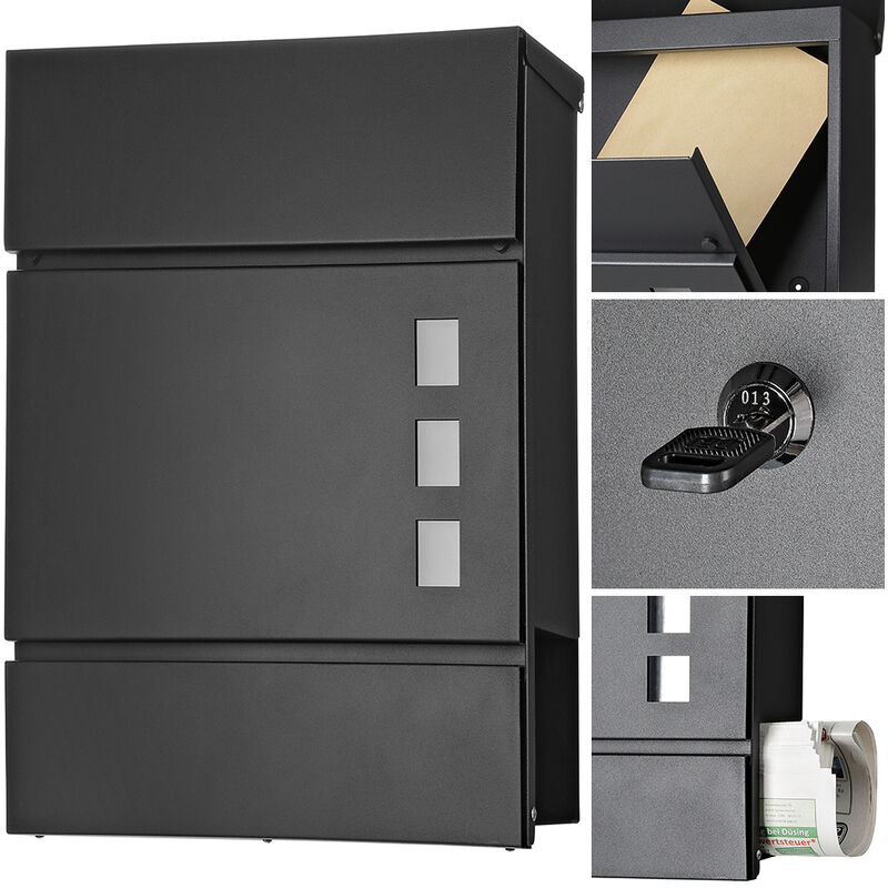 Image of Melko - Cassetta postale cassetta postale nera a parete cassetta postale in acciaio inox cassetta per giornali
