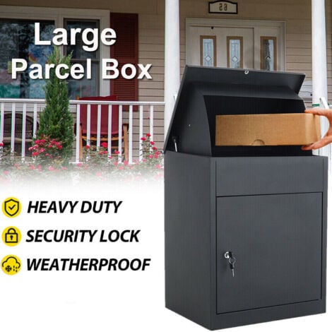 KEEPBUYING Cassetta postale/pacchi in acciaio zincato con sportello di sicurezza, serratura a cilindro, per uso domestico, pacchi postali, scuola, 44,5x35x58 cm, nero