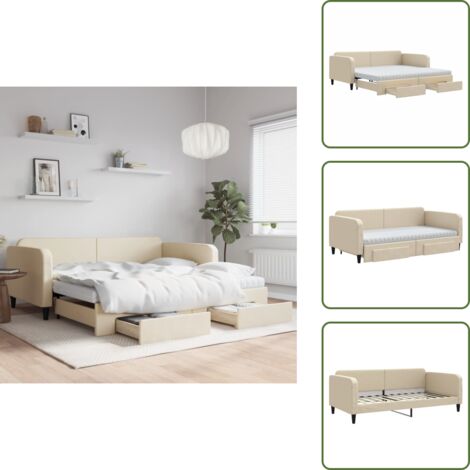Cassetti con ruote - vidaXL Divano Letto Estraibile con Cassetti Crema 100x200cm in Tessuto - Materasso in schiuma