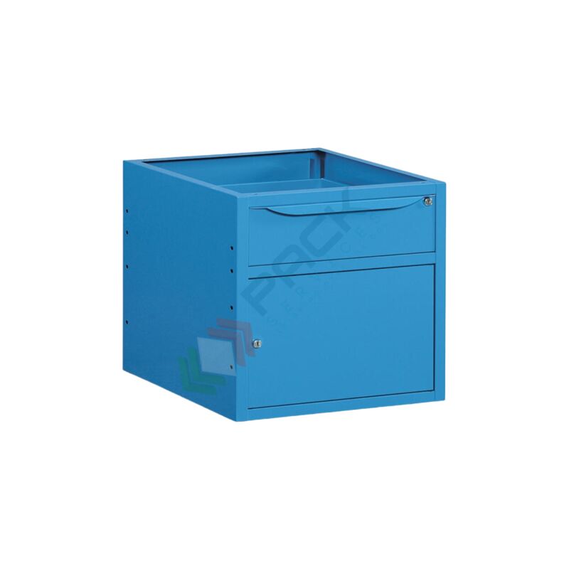 Image of Pack Services - Cassettiera per banco da lavoro con 1 anta e 1 cassetto, lungh. 63 cm, colore blu ral 5012 - Blu