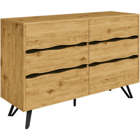 Cassettiera 120x40x75.5 cm, Moderna, con 6 Cassetti a Effetto Legno, Gambe Metallo, Naturale, per Soggiorno e Sala da Pranzo