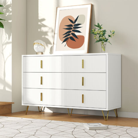 Cassettiera 120x40x77 cm con 6 cassetti, credenza, mobile da cucina, maniglie e gambe dorate, truciolare, bianco