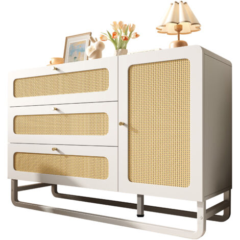 Cassettiera 120x85x40 cm, Stile Campagna con Maniglie in Rattan, con 3 Cassetti, Anta e Ripiani, in Legno e Metallo, Bianco