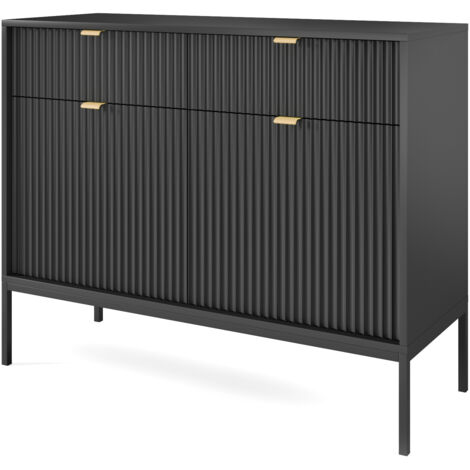 Cassettiera: 2 cassetti, 2 ante, Grigio, Nero, 104 x 83 x 39 cm, maniglie dorate