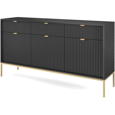 Cassettiera: 3 cassetti, 3 ante, Grigio, oro, 154 x 83 x 39 cm, maniglie dorate