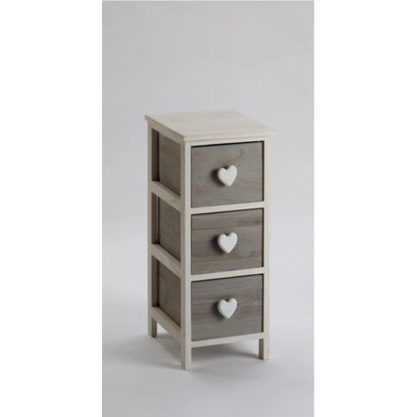 cassettiera 3 cassetti in legno di paulownia bianca e grigia, 26x32x63 cm