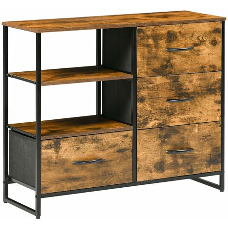 Cassettiera 4 Cassetti in Tessuto Pieghevole e 2 Ripiani 84x30x71,5 cm in Stile Industriale Marrone