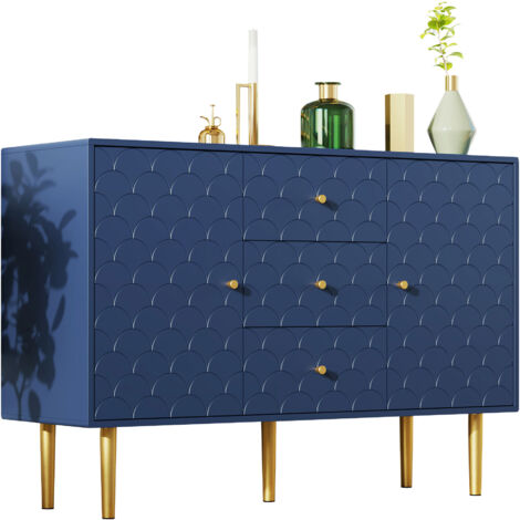 Cassettiera 40x120x83 cm, 2 Ante e 3 Cassetti, Ripiani e Cerniere Regolabili, Motivo Squame, Metallo, Blu Navy