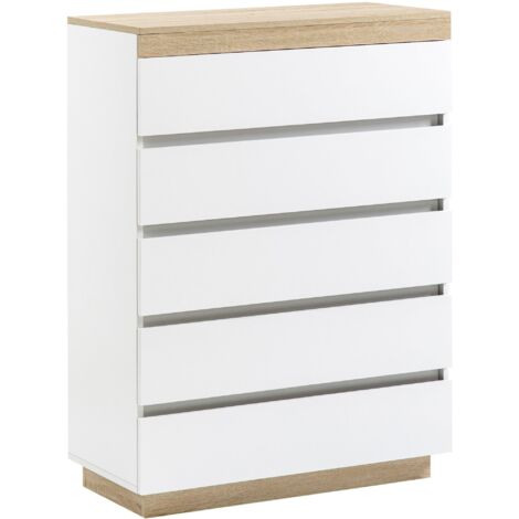 Cassettiera 5 Cassetti Design Minimal 80x40x109 cm Bianco e color Rovere