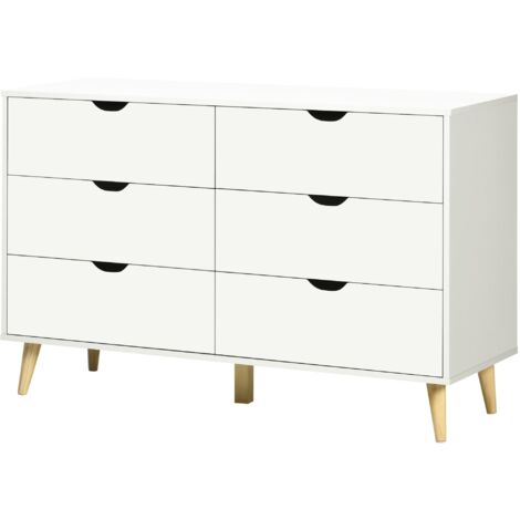 Cassettiera 6 Cassetti con Maniglie Laminate 120x40x76 cm in Legno di Pino Bianca e color Legno