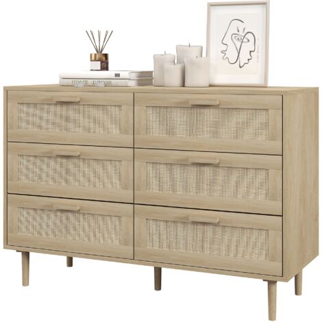 Cassettiera 6 Cassetti Stile Boho per Soggiorno e Camera da Letto 110x40x75 cm in Legno e Rattan Naturale