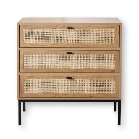 Cassettiera a 3 cassetti effetto legno con impagliatura in rattan L80 cm - JAYA