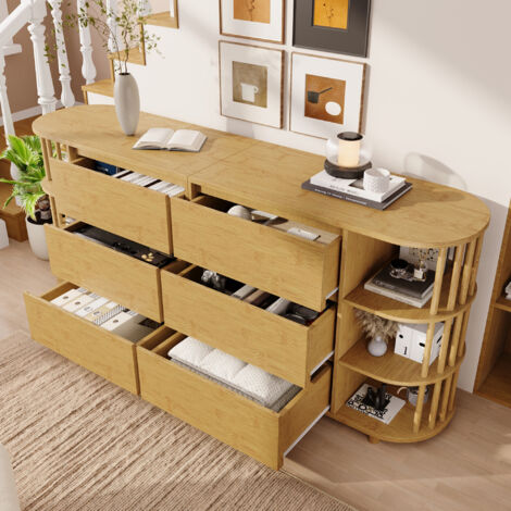 Cassettiera a 6 cassetti, credenza da cucina, 6 ripiani aperti - altezza regolabile, legno, 160×40x75cm, naturale