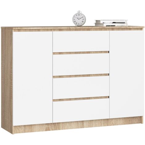 Cassettiera AKORD K140 Sonoma Quercia 138 cm 2 ante 4 cassetti inserto frontale Bianco 138x40x99 cm