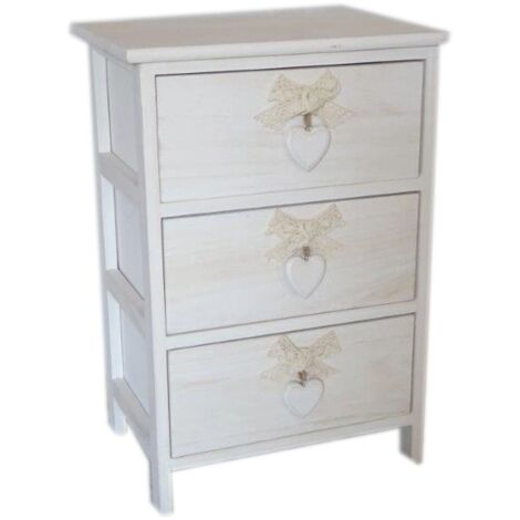 cassettiera armonia "white washed" 3 cassetti cuore e fiocchi in legno di paulownia 40x29x58 cm