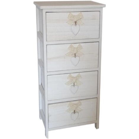 cassettiera armonia "white washed" 4 cassetti cuore e fiocchi in legno di paulownia 26x32x63 cm