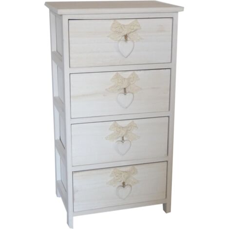 cassettiera armonia "white washed" 4 cassetti cuore e fiocchi in legno di paulownia 40x29x73 cm