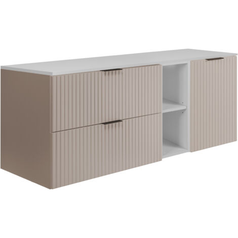 Cassettiera: Beige sabbia / Spina di pesce scandi, gambe in legno, 106 x 80 x 38 cm