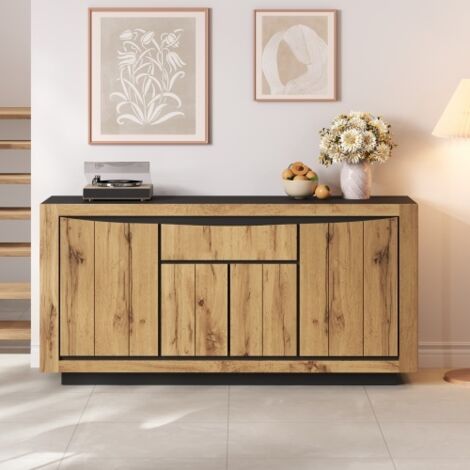 Cassettiera, buffet con 4 ante e 1 cassetto, vani senza maniglia – Legno e nero – 140x38.5x52 cm