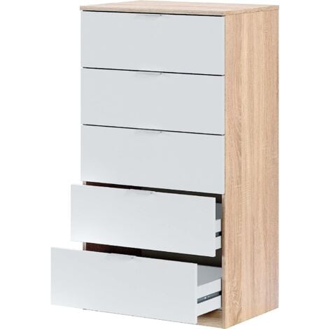 Cassettiera Camera da Letto con 5 Cassetti in Legno Comò Moderno Bianco e Rovere
