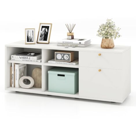 Cassettiera con 2 cassetti, 4 cubi, 108 x 39 x 50 cm, piedini regolabili, vetrina bassa indipendente, tavolo consolle, per ufficio, soggiorno, camera da letto, bianco