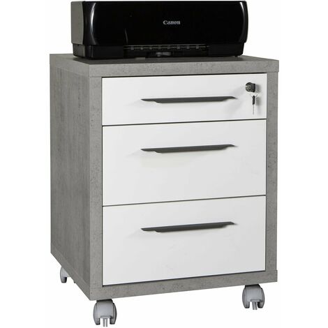 Cassettiera con 3 cassetti e ruote finitura in Cemento e Bianco laccato con chiave e ruote
