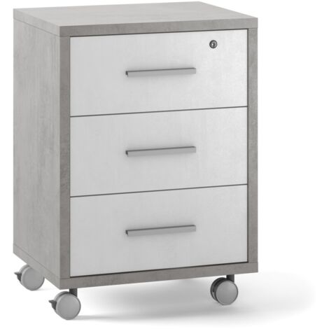 Cassettiera con Ruote, 3 cassetti 51L x 41P x h71 – Finitura Cemento E Bianco Opaco – Sarmog