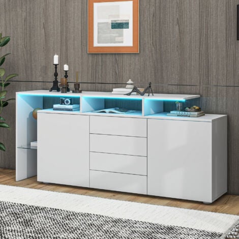 Cassettiera, credenza con LED, mobili soggiorno in bianco lucido, mobili soggiorno, mobili freestanding, mobile TV, parete soggiorno, credenza alta, mobili multiuso, vetrina LED, mobili buffet sala da
