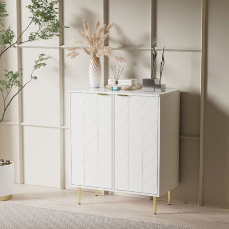 WISHDOR Cassettiera credenza moderna 75x40x90 cm con 2 ante. mobili d'ingresso. Piedini e maniglia dorati. motivo floreale. 3 ripiani. 6 scomparti. Bianco