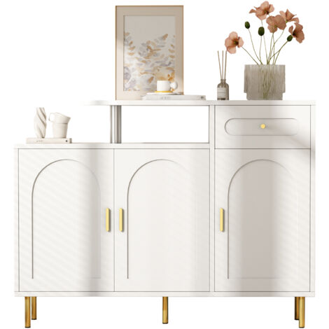 Cassettiera / credenza / scarpiera con maniglie in metallo, 1 cassetto e 3 ante, su piedini in metallo, bianco, dimensioni L120 x H92 x P35 cm