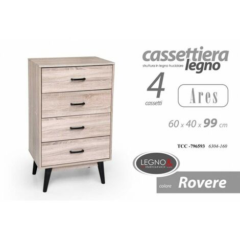Cassettiera da camera 4 cassetti con piedini rialzati cm 60 x 40 x 99 h