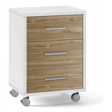 Cassettiera da Scrivania Ruote Bianco Noce 3 Cassetti con Chiave Ufficio