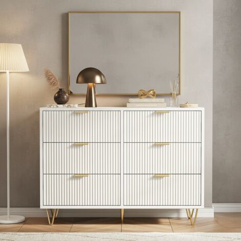 FORTUNA LAI Cassettiera di Design a 6 Cassetti Bianca e Oro - Credenza Bassa con Ante Ondulate e Piedini in Metallo Dorato, Stile Glamour