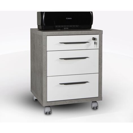 Cassettiera con 3 cassetti e ruote finitura cemento e bianco laccato arredo moderno