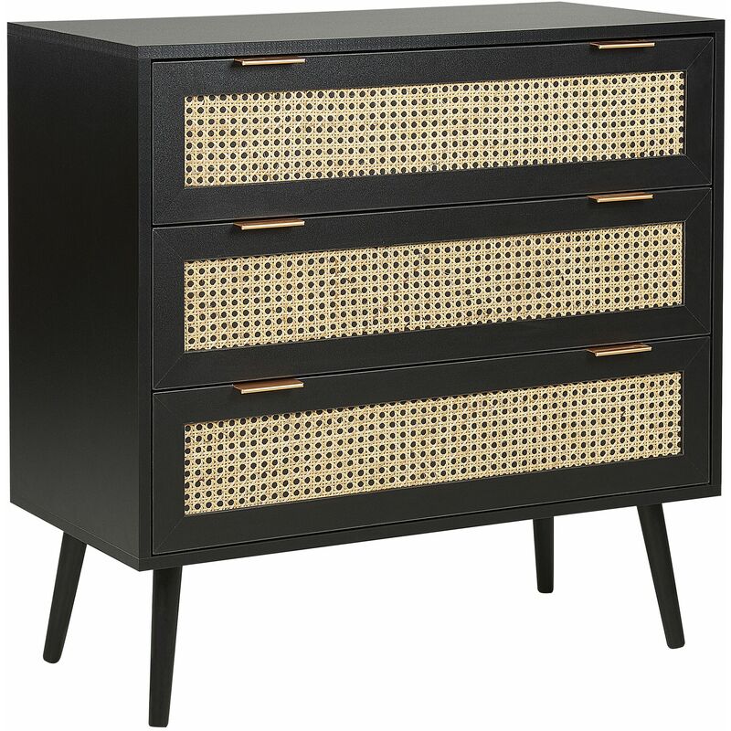 Cassettiera in rattan a 3 cassetti Fronte in vimini mdf Gambe in legno nero Mobile in stile boho Soggiorno Nero Opoco